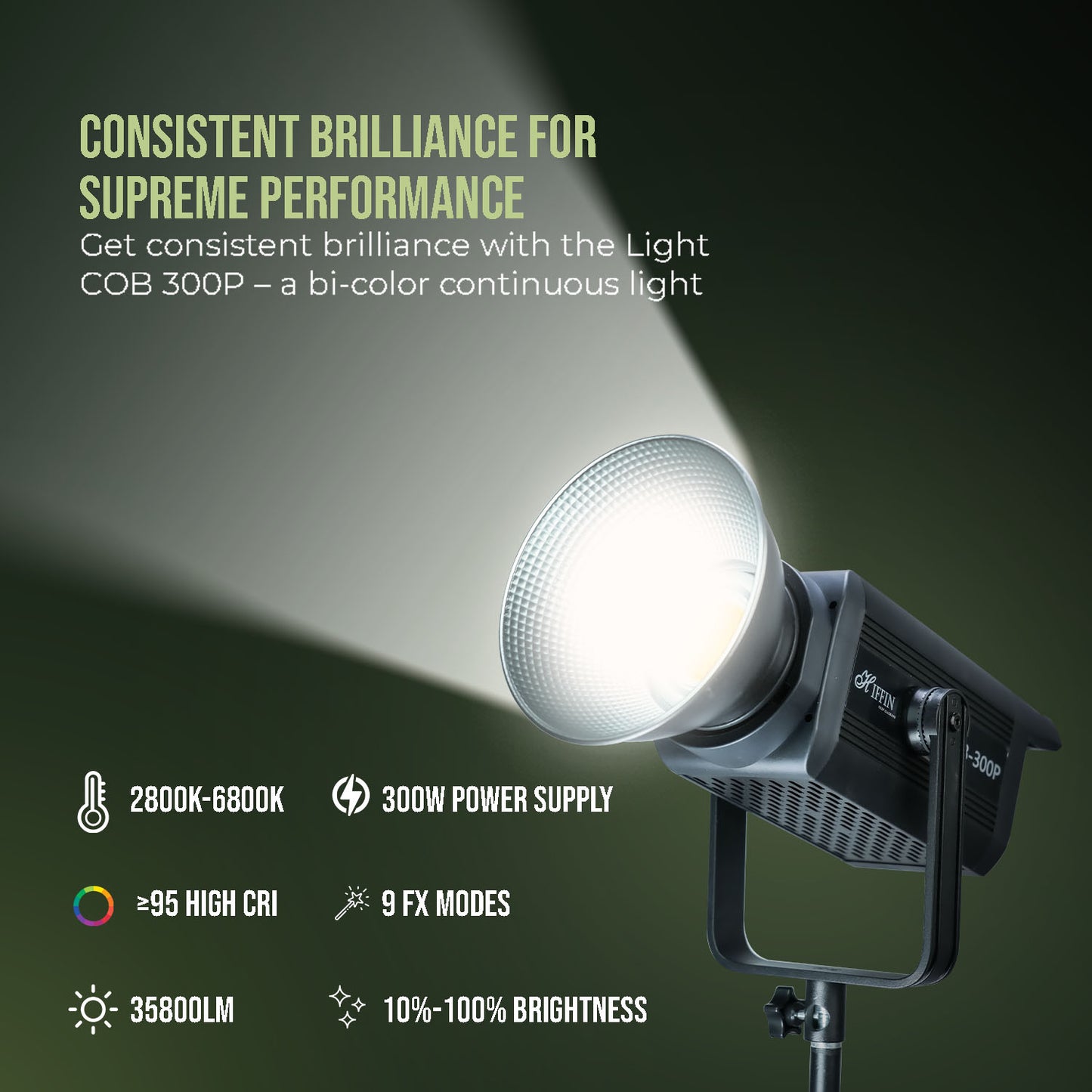 COB-300P 300W LED Video Light, 2800K-6800K Dimmable, Remote Control