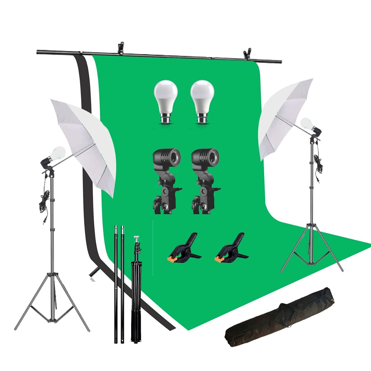 HIFFIN® Green | White | Black Screen Backdrop 6x10 ft with 9 ft Stand - 6x9 ft Photography Backdrop with 2 Pcs Spring Clamps, 1PCs Carry Bag (T Shape Kit C2 C3 B|W|G & Single Holder Kit M2)