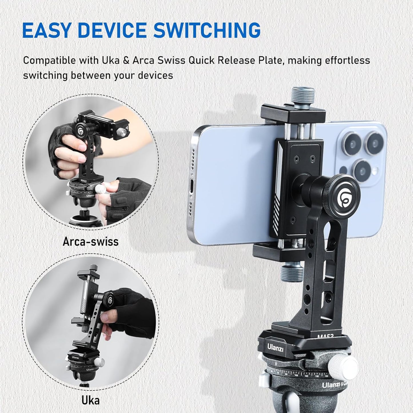 Ulanzi MA53 Phone Tripod Adapter, Arca/UKA, 2 Cold Shoe, 360° Metal Mount