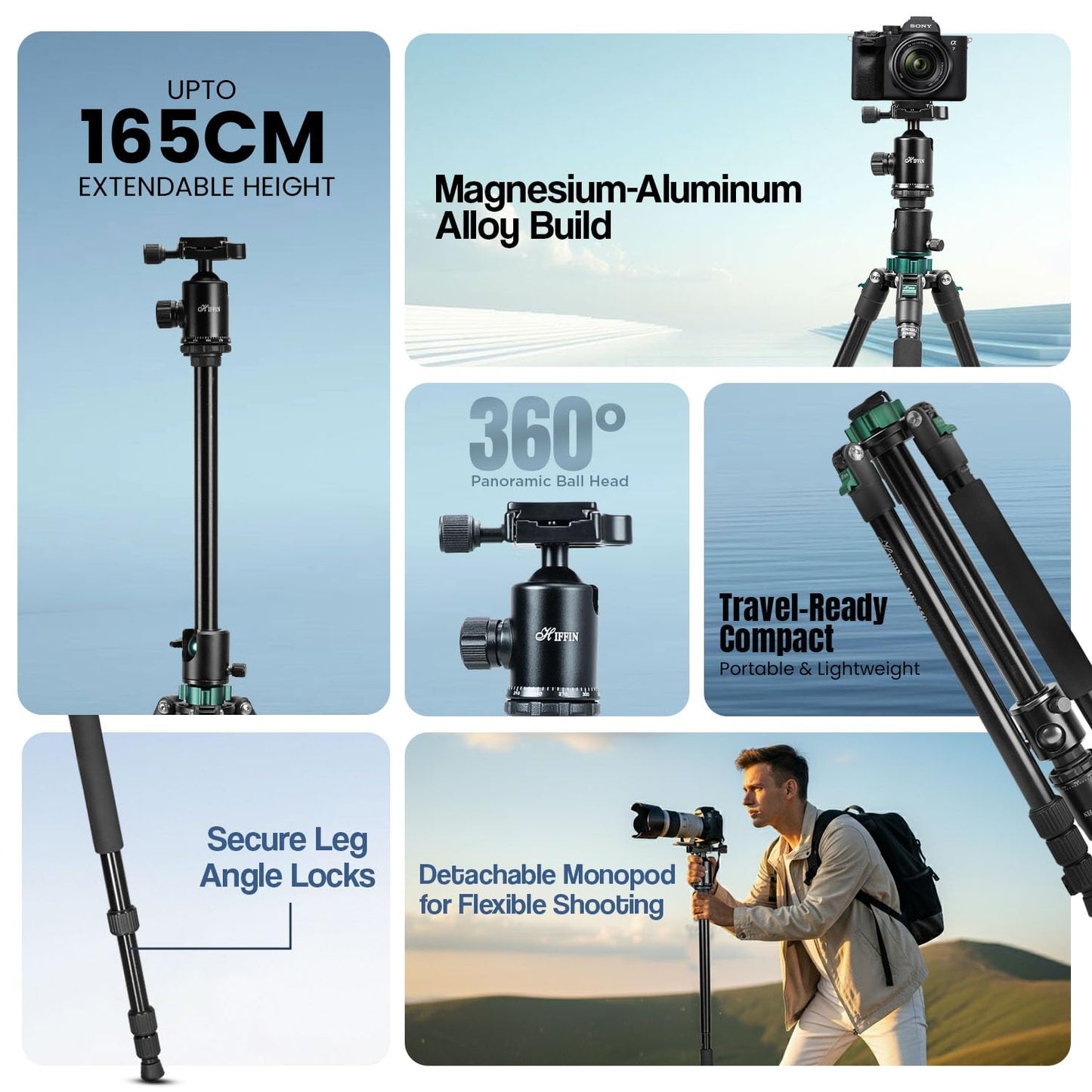 HF-550 1.651M (65") Camera Tripod for Canon Nikon DSLR, Aluminum Alloy