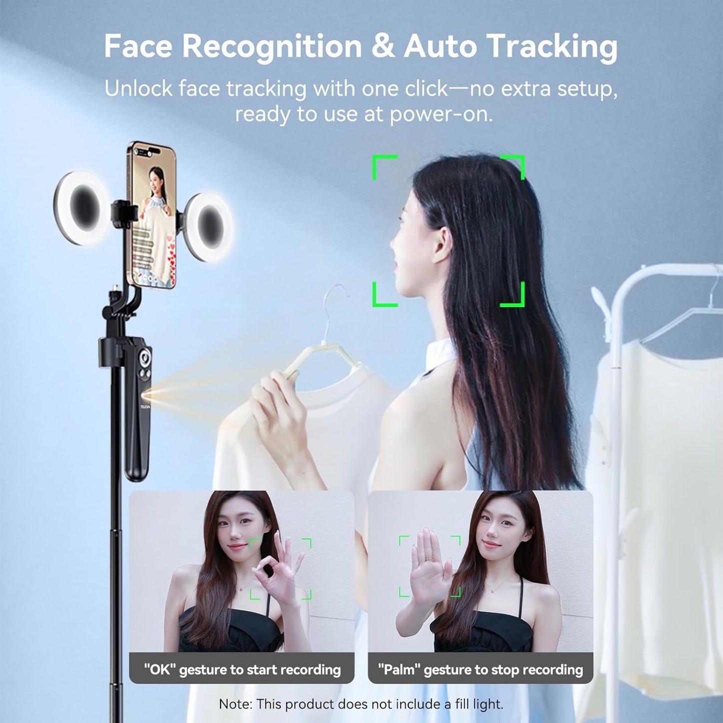TELESIN 63" Smart Auto-Face Tracking Tripod, 360° Rotation, Remote & Gesture Control