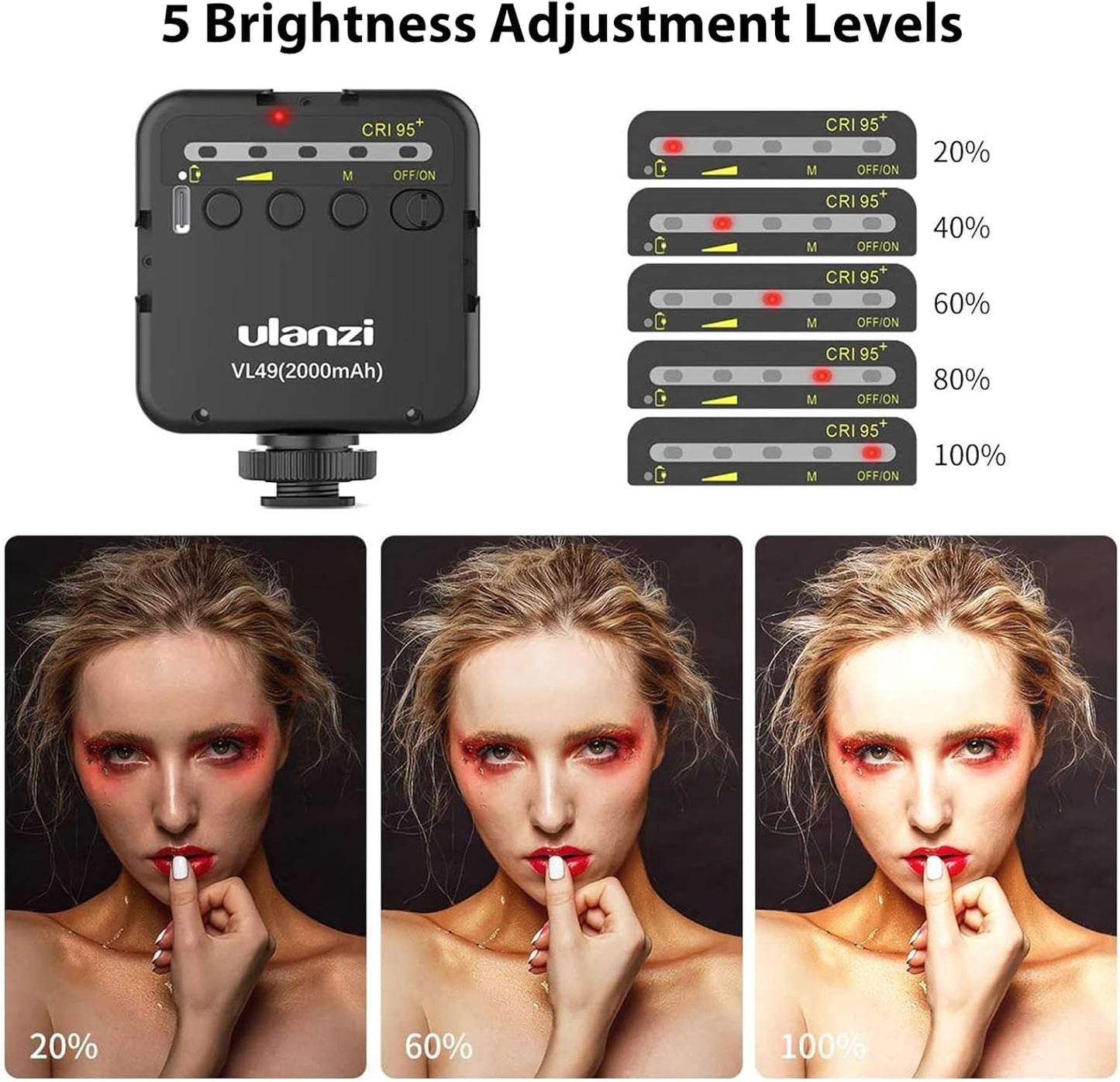 Ulanzi VL49 2000mAh LED Video Light, 3 Cold Shoe Mounts, Type C Charging