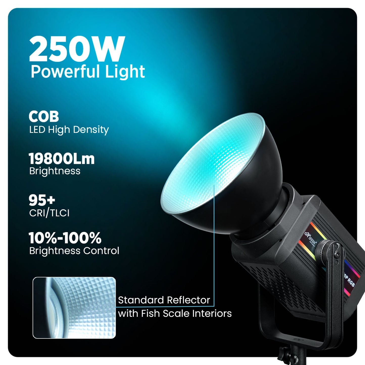 COB-250P RGB LED Video Light 19,800Lm 2800K–6800K 10–100% Dimmable 11 FX Remote Control