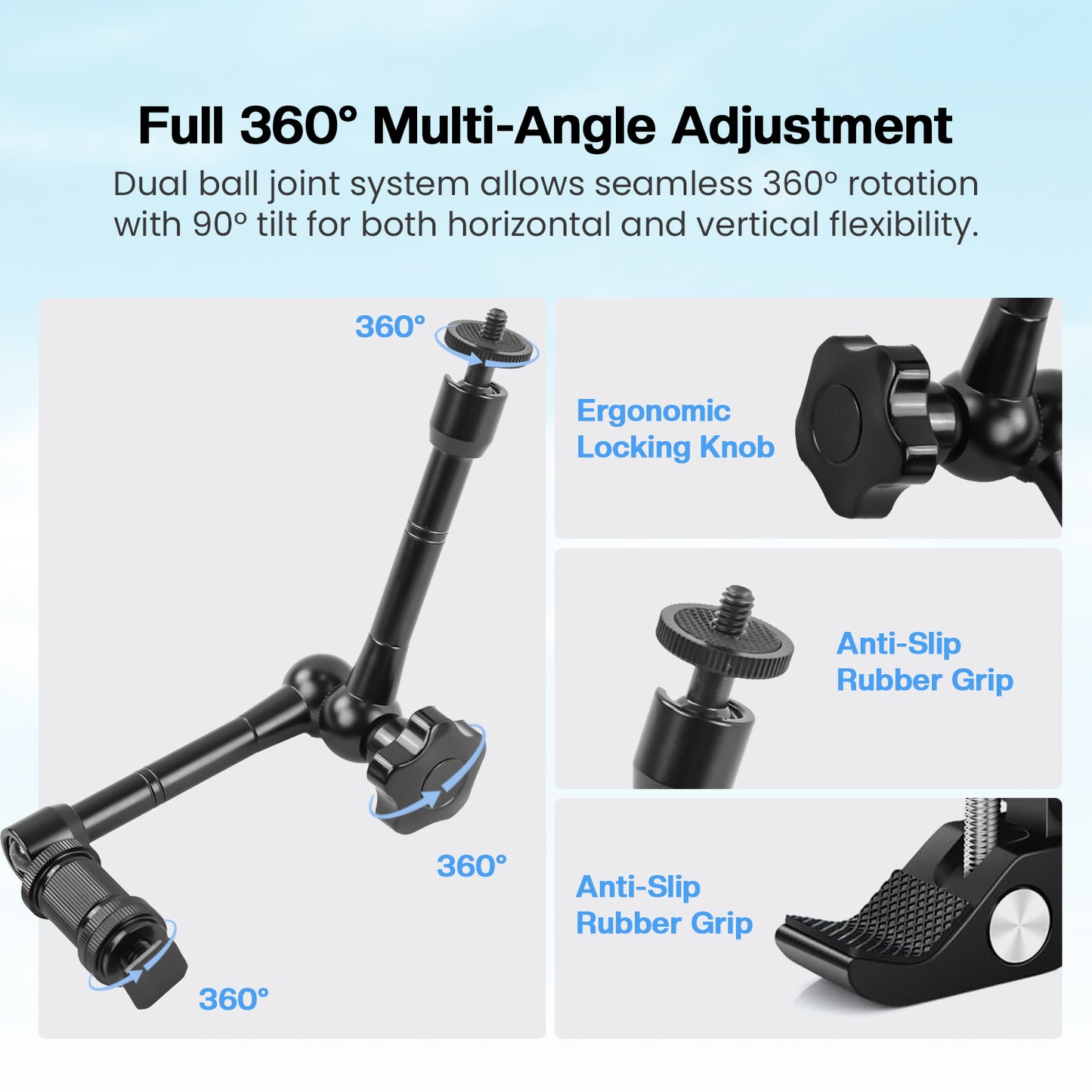 HIFFIN® 11inch Adjustable Articulating Friction Magic Arm & Large Super Clamp for Camera Rig, LCD Monitor, LED Flash Lights (11 inch Magic arm+clamp)