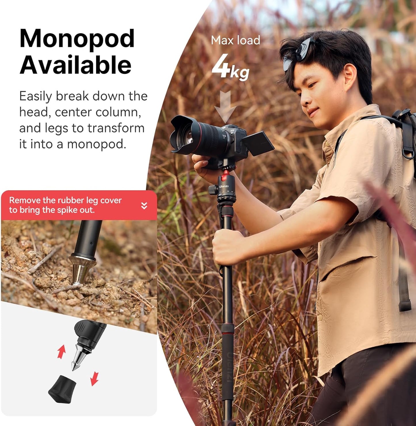 ULANZI TT31 72.4" Tripod/Monopod, 33lb Load, QR Plate, 360° Head for DSLR/Video