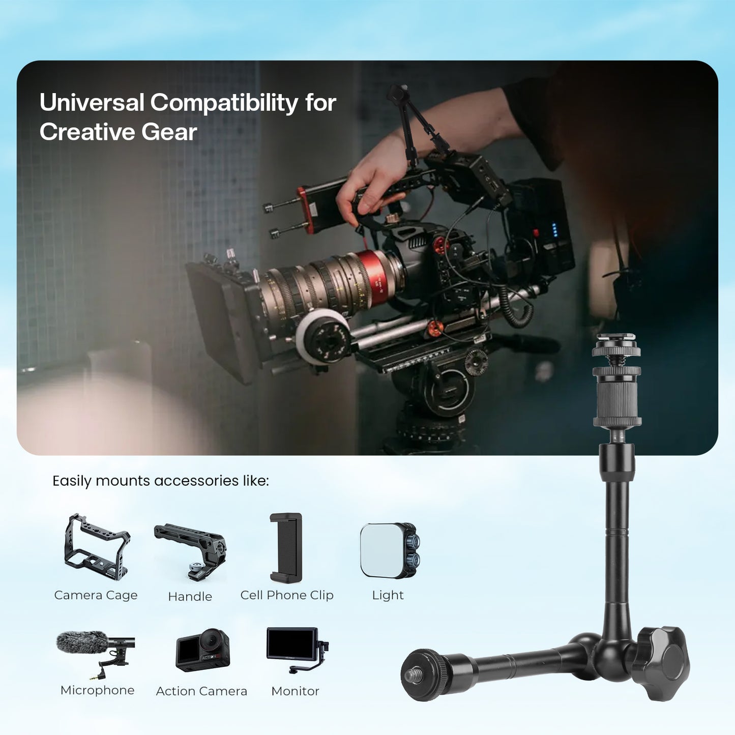 HIFFIN® 11inch Adjustable Articulating Friction Magic Arm & Large Super Clamp for Camera Rig, LCD Monitor, LED Flash Lights (11 inch Magic arm+clamp)