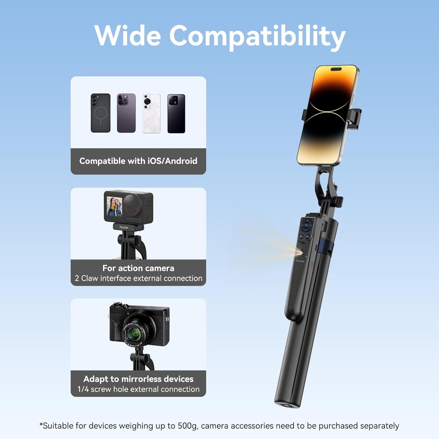 TELESIN 63" Smart Auto-Face Tracking Tripod, 360° Rotation, Remote & Gesture Control