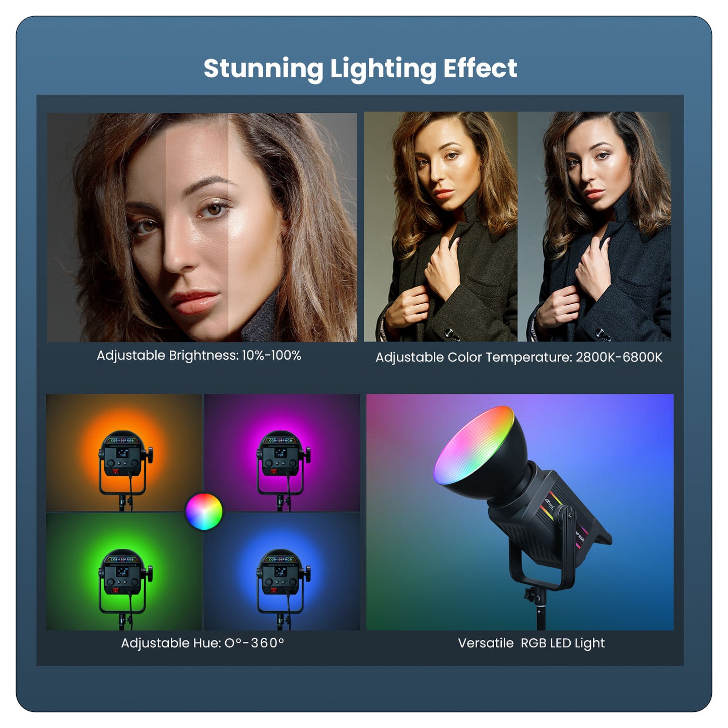 COB-250P RGB LED Video Light 19,800Lm 2800K–6800K 10–100% Dimmable 11 FX Remote Control