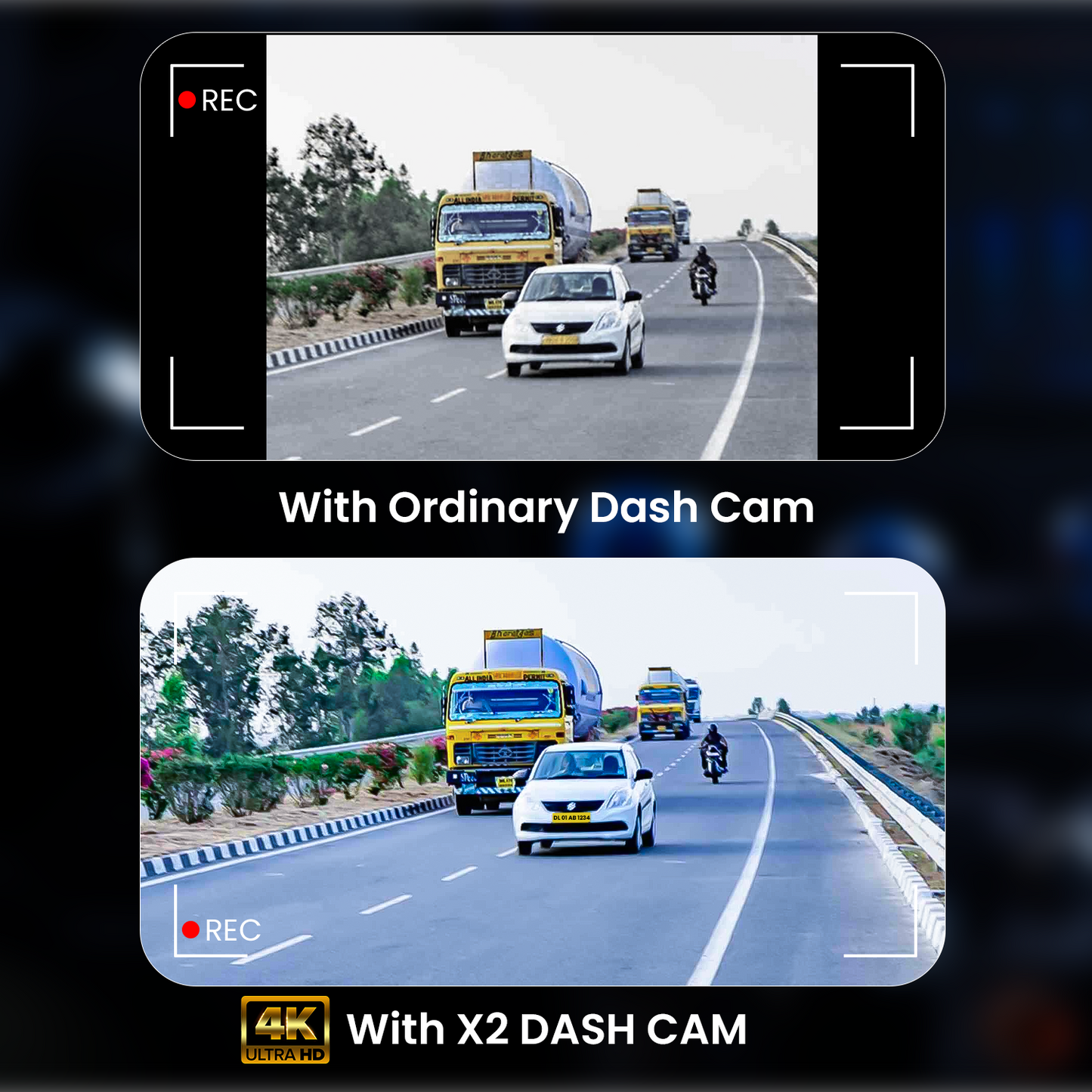 RoadCam X2 4K Front + 1080P Rear Dashcam, Night Vision, WiFi, G-Sensor