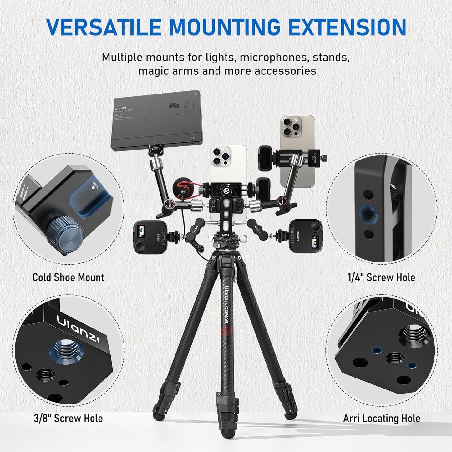 Ulanzi MA53 Phone Tripod Adapter, Arca/UKA, 2 Cold Shoe, 360° Metal Mount