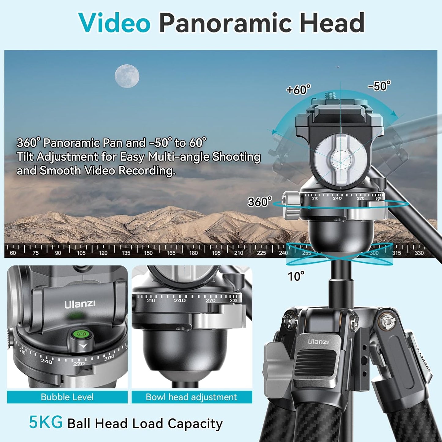 Ulanzi TT09 VideoGo 55.91" Carbon Fiber Tripod w/ Arca QR, 360° Ballhead & Handle