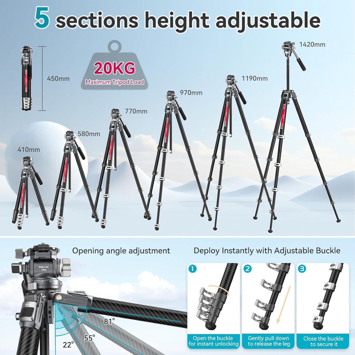 Ulanzi TT09 VideoGo 55.91" Carbon Fiber Tripod w/ Arca QR, 360° Ballhead & Handle