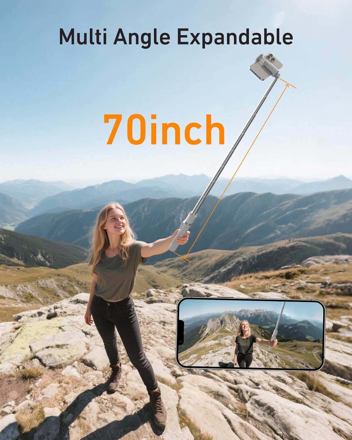 TELESIN 70" Phone Tripod Stand, Auto-Open Selfie Stick, Magnetic Remote, 360° Adjustable