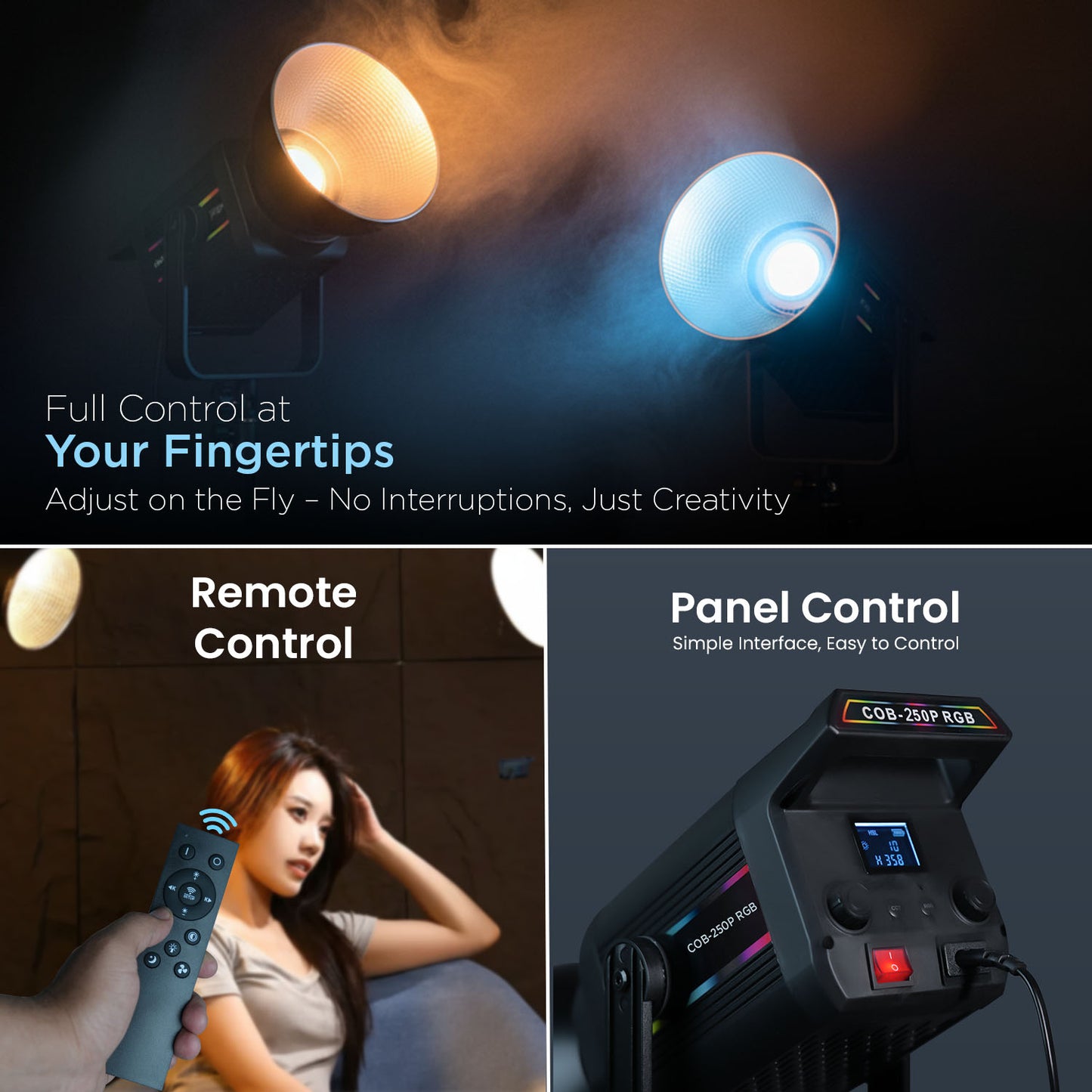 COB-250P RGB LED Video Light 19,800Lm 2800K–6800K 10–100% Dimmable 11 FX Remote Control