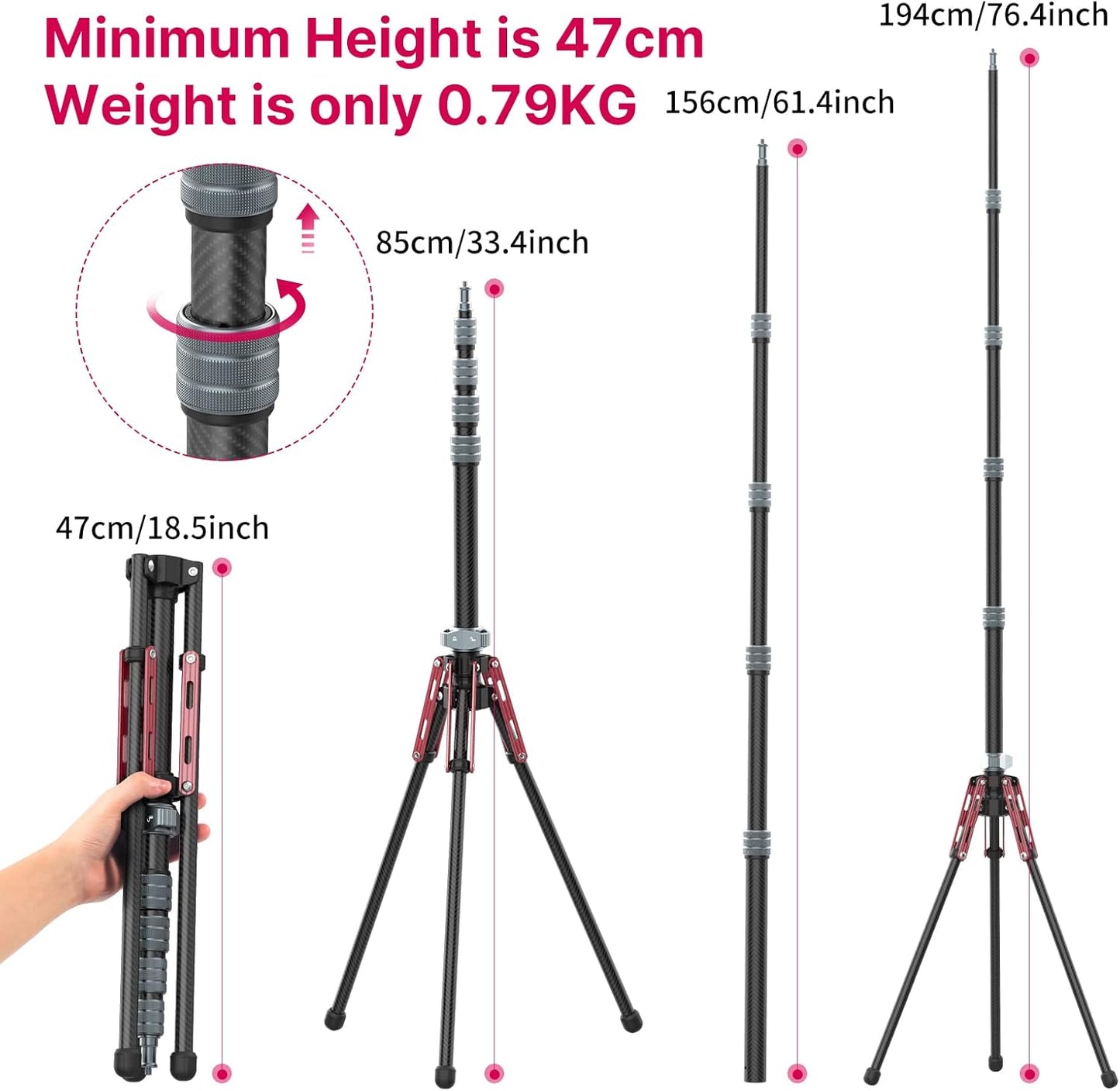 ULANZI MT-49 Carbon Fiber Light Stand, 194cm Tripod for Flash/Camera/Phone