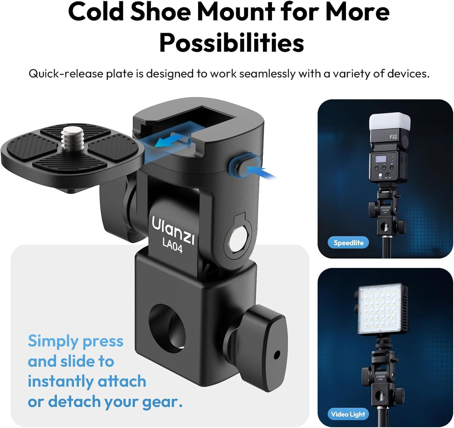 ULANZI LA04 Light Stand Adapter, 1/4” QR Mount, 180° Tilt, 3kg Load Capacity