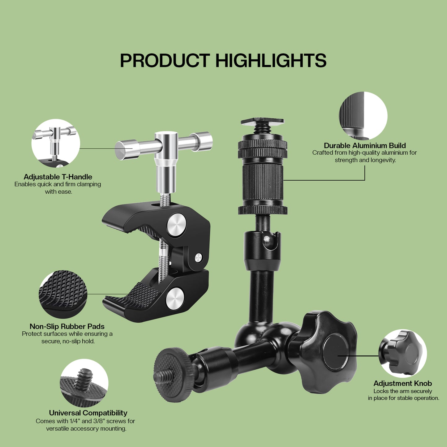 HIFFIN® 7 Inch Articulating Friction Magic Arm & Large Adjustable Super Rod Clamp Pliers Clip with 1/4" and 3/8" Thread for DSLR Camera Rig, LCD Monitor, LED Flash Lights (7'Arm & Clip)