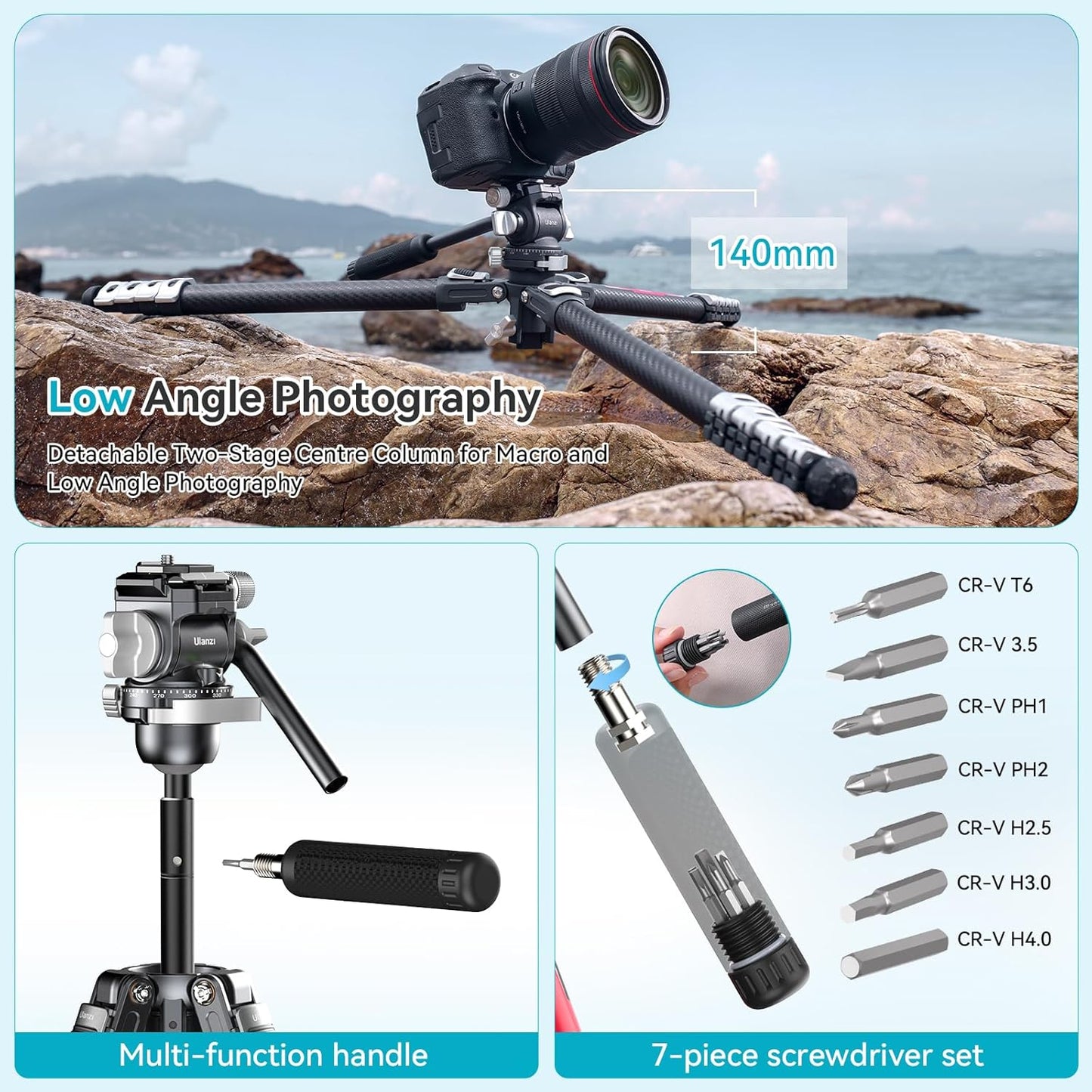 Ulanzi TT09 VideoGo 55.91" Carbon Fiber Tripod w/ Arca QR, 360° Ballhead & Handle
