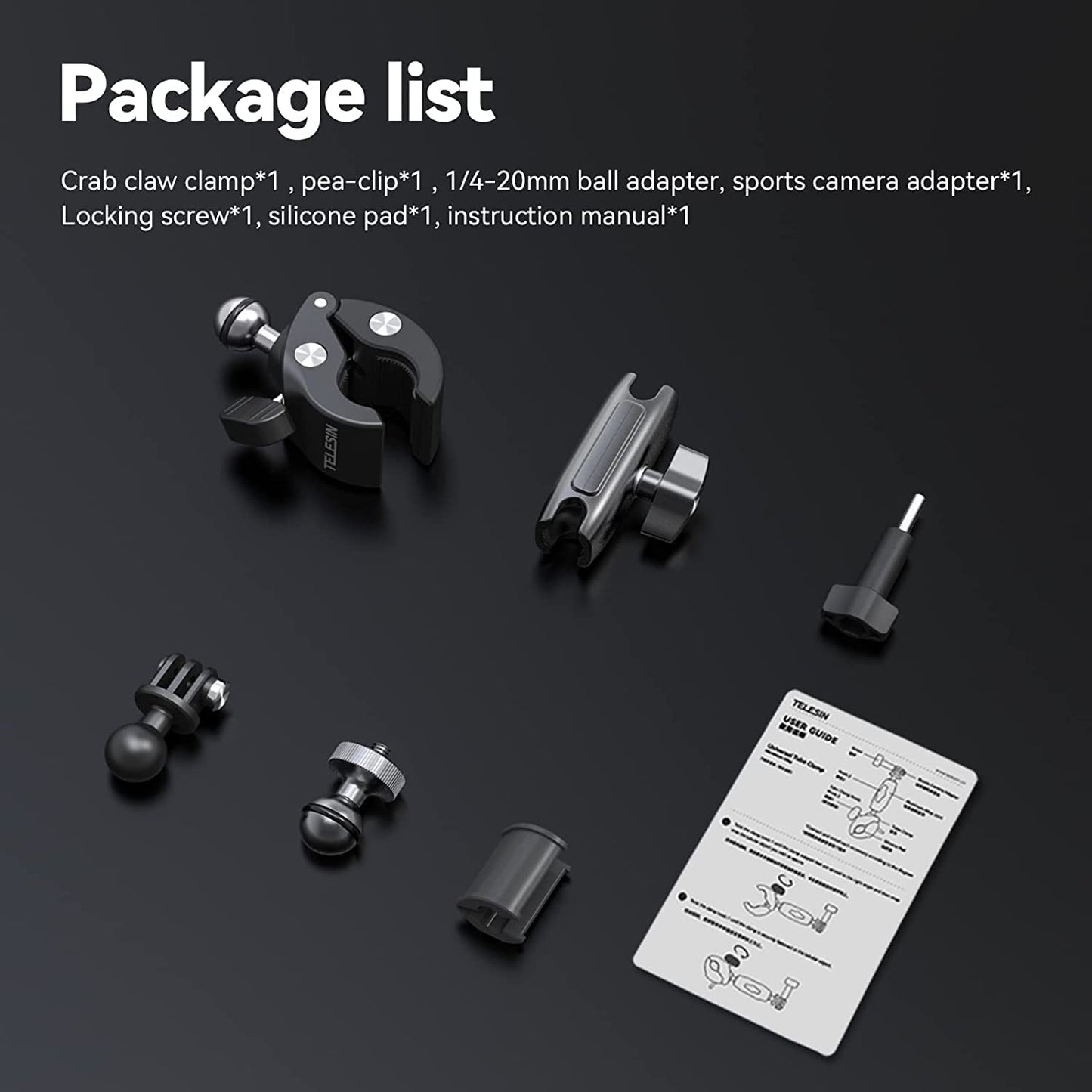 TELESIN Camera Clamp Handlebar Bike Mount 360° Double Ballhead Magic Arm with 1/4"-20 Thread for Motorcycle Monitor Canon Nikon DSLR/Gopro/LED Lights/Ronin-M/Ronin MX/Freefly