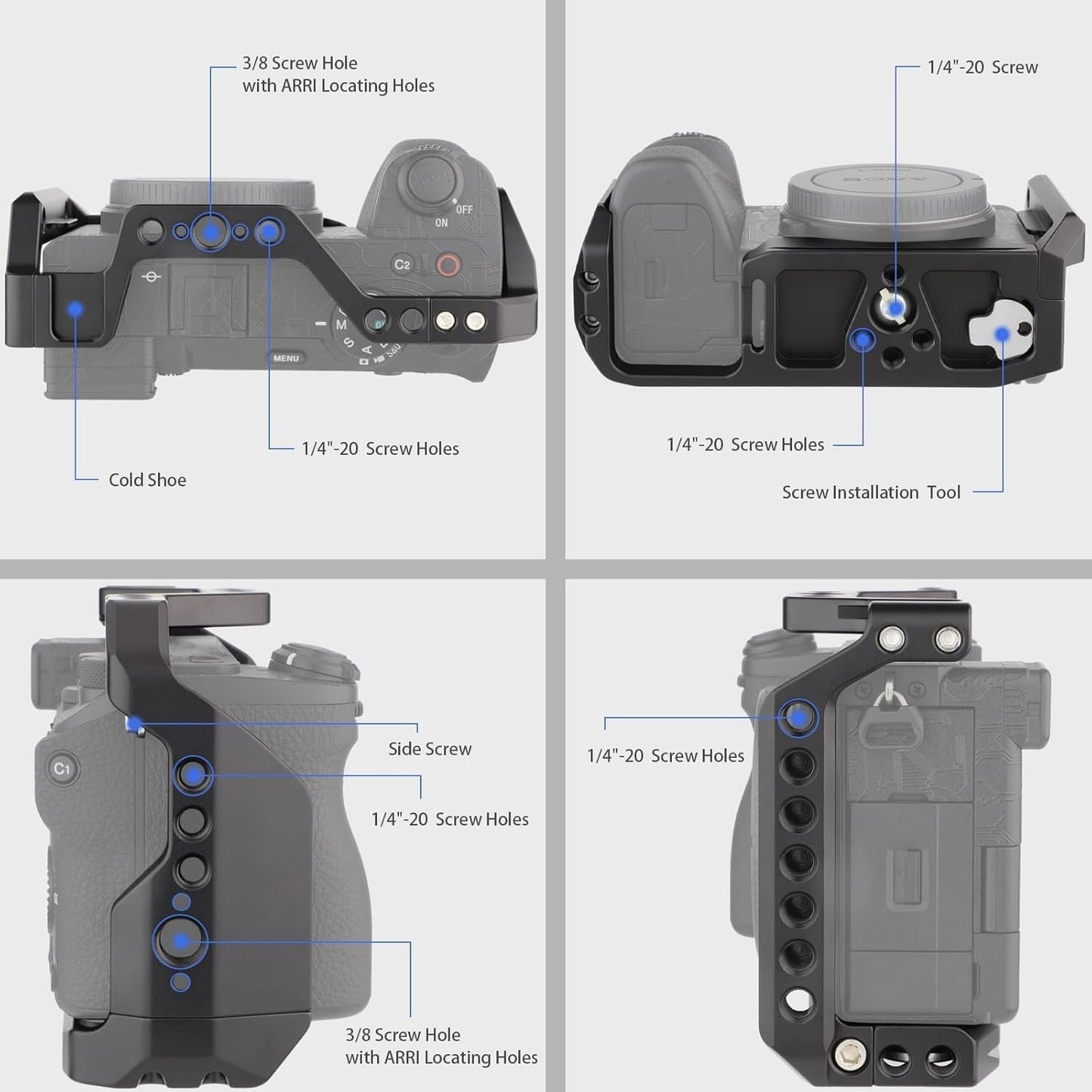 HIFFIN Metal Cage Compatible with Sony Alpha A6700, Precision Fit, Arca-Type Quick Release Base, 1/4" & 3/8" Screw Mounts, Cold Shoe for Microphone, Monitor & Light Expansion