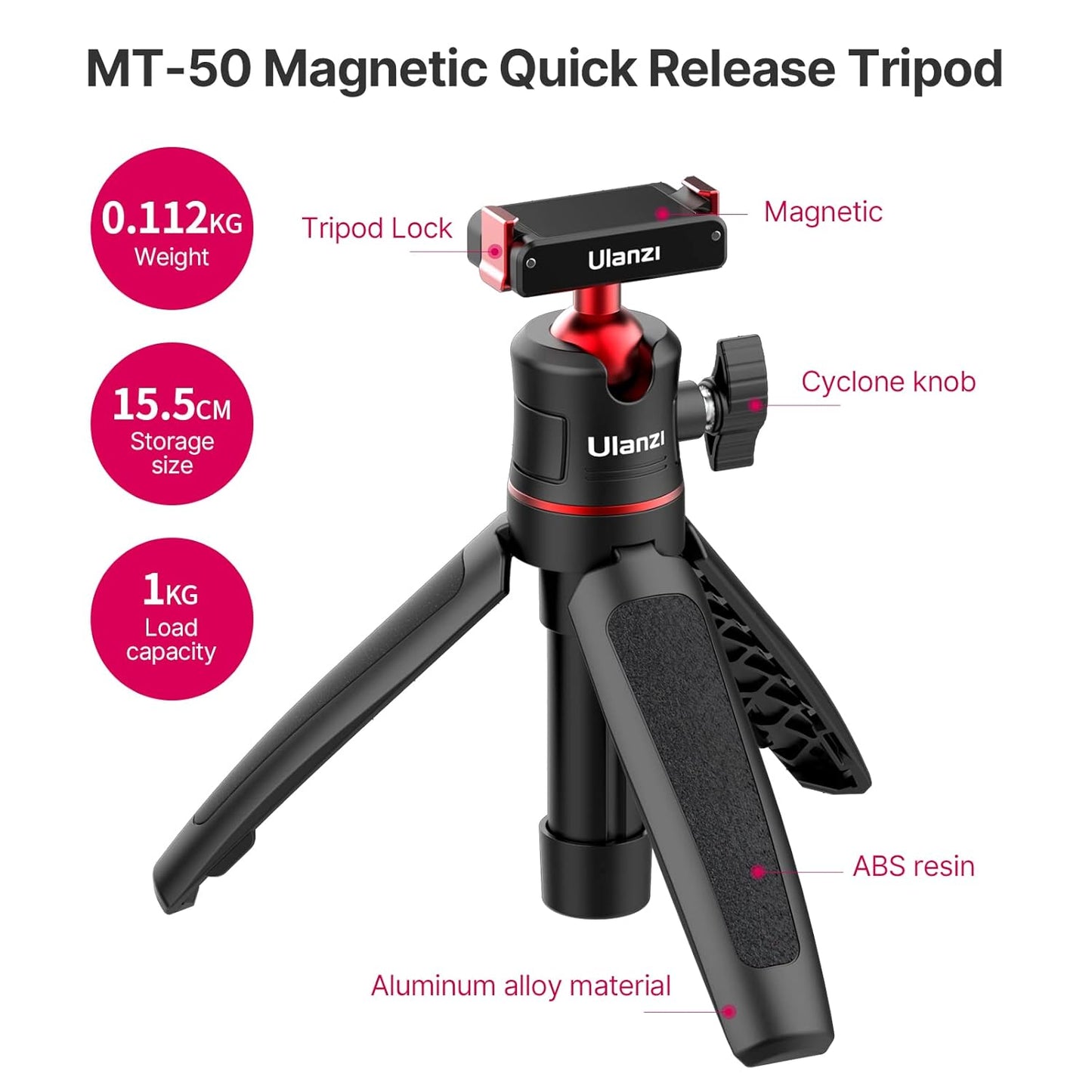 Mini Tripod for DJI Action 2 - MT-50 Small Tripod Magnetic Quick Release 3 Adjustment Extendable Handle Vlog Accessory Tripod Grip for DJI Action 2