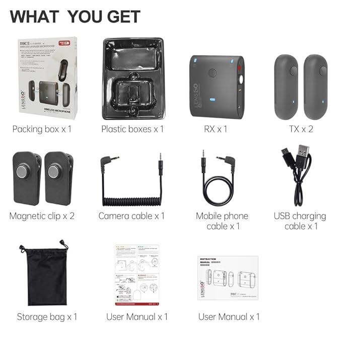 LENSGO 318C II 2.4GHz Dual Clip on Wireless Lavalier Microphone for DSLR/SLR Camera Camcorder iPhone Android Rechargeable Lapel Mic for Video Recording...