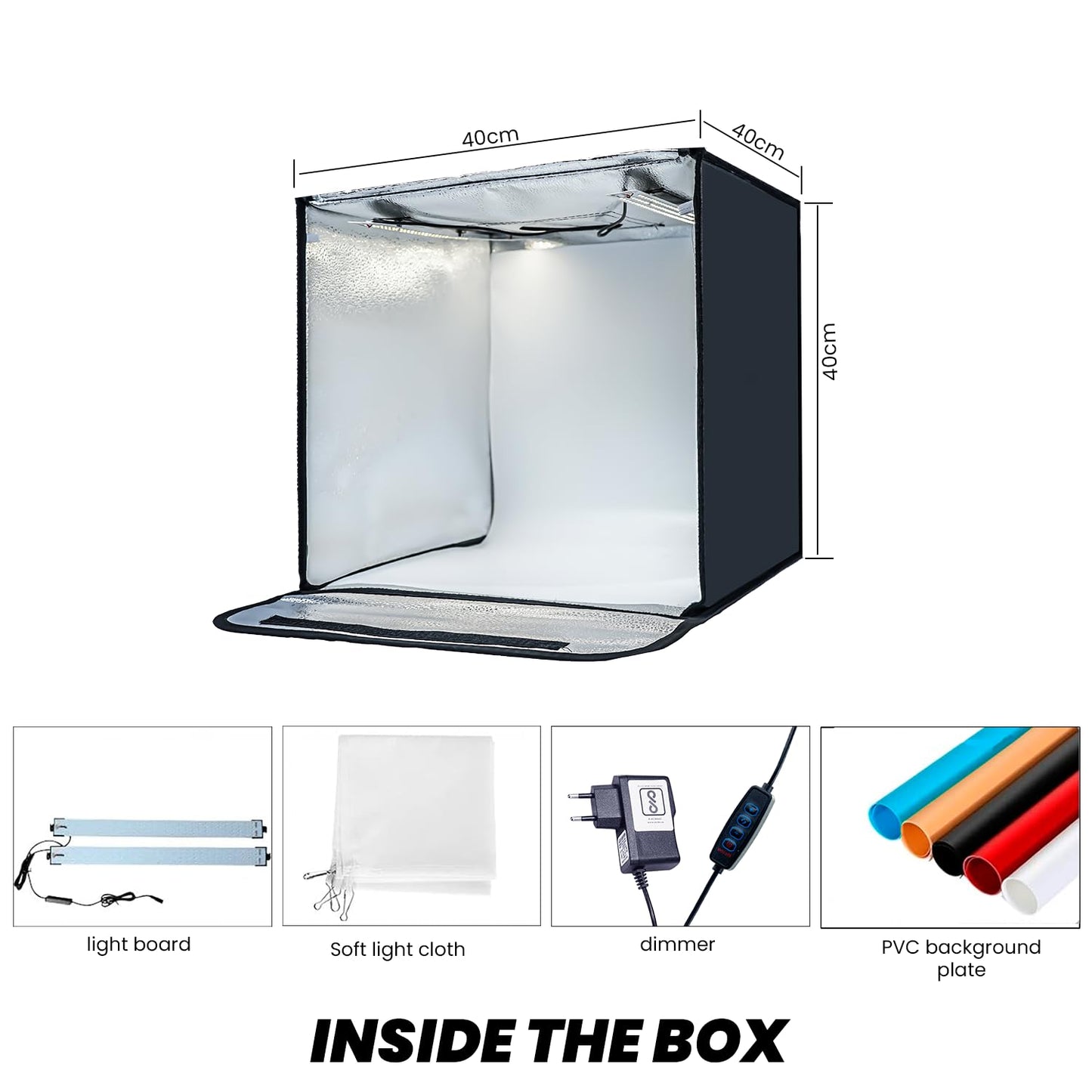 HIFFIN 40X40CM Portable Light Tent with Magnet LED Strips and Background White, Black, Light Yellow