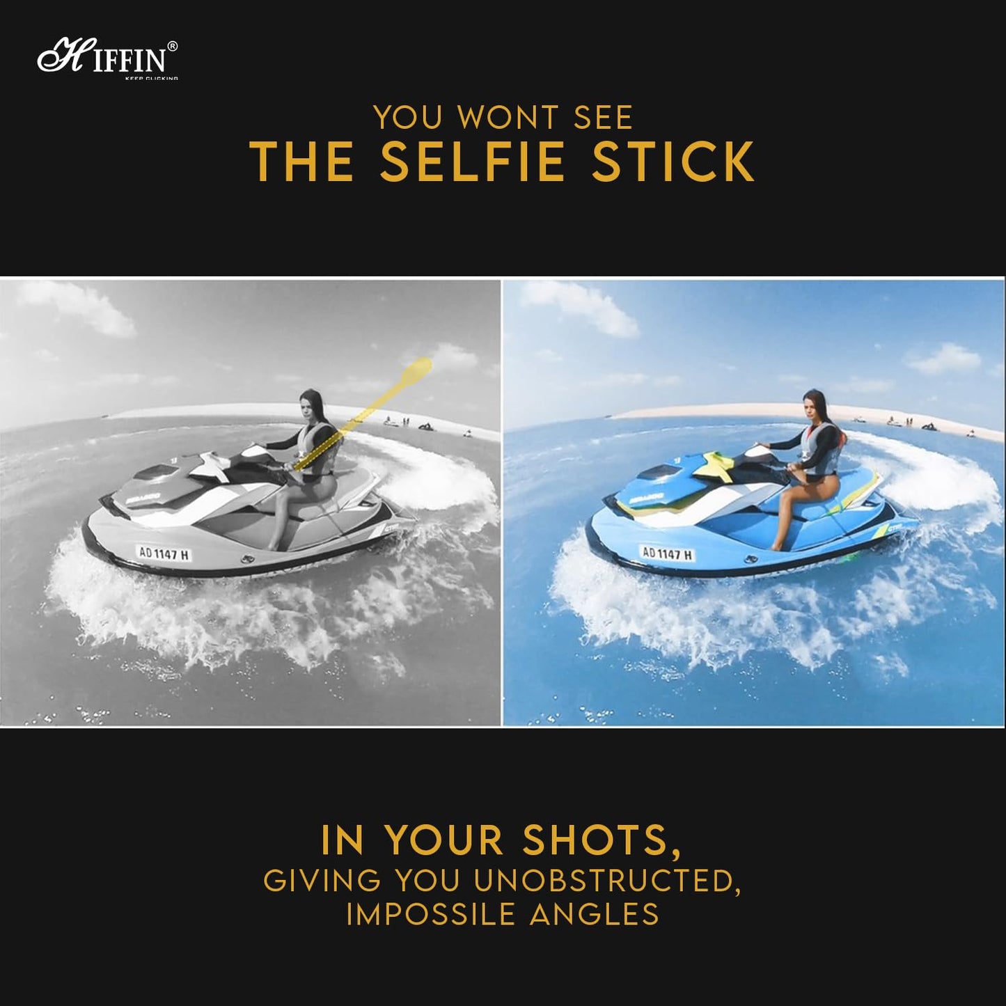 HIFFIN Universal Invisible Monopod Stick 118 Cms for Insta 360 One X2 X3 One R Invisible Selfie Stick, Hero 9/8/7/6, Sjcam, Yi & Other Action Cameras (1.2 Meter Selfie Stick for Action Cameras) Black