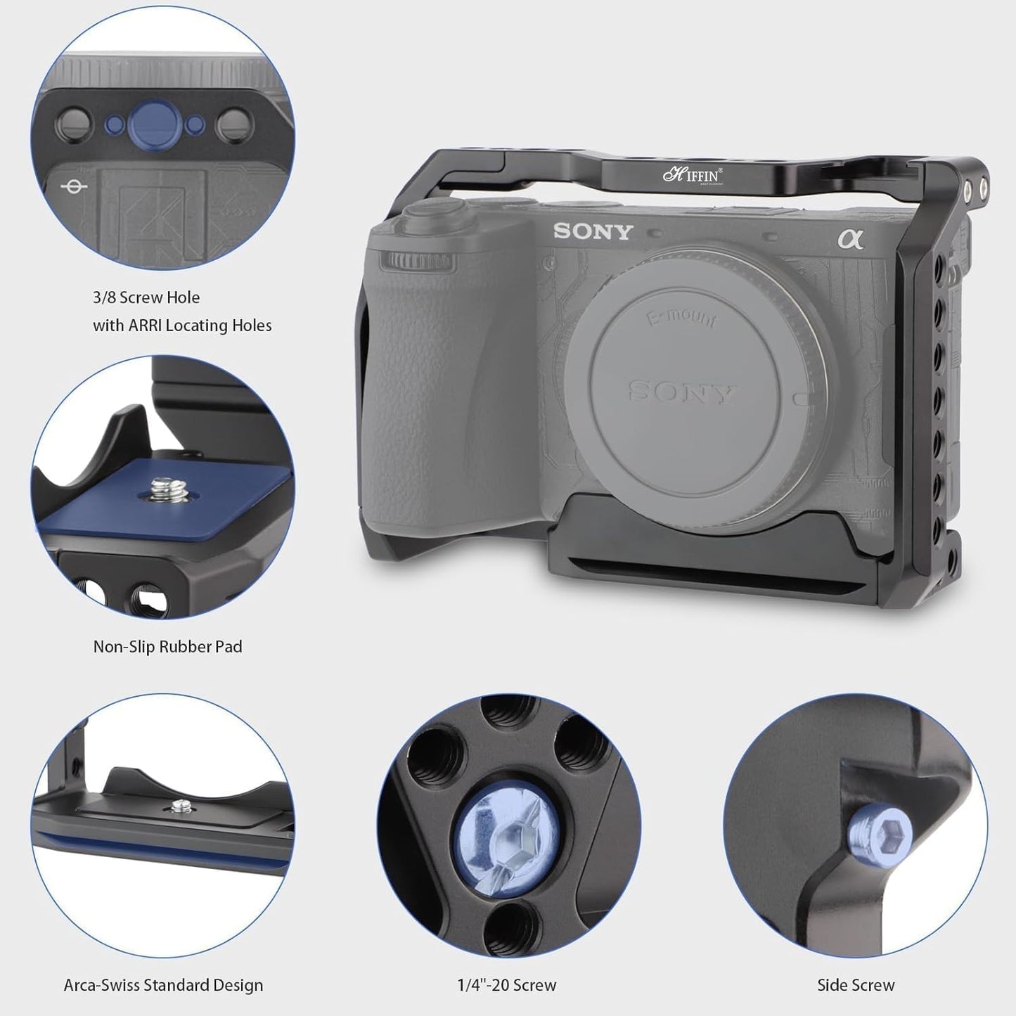 HIFFIN Metal Cage Compatible with Sony Alpha A6700, Precision Fit, Arca-Type Quick Release Base, 1/4" & 3/8" Screw Mounts, Cold Shoe for Microphone, Monitor & Light Expansion