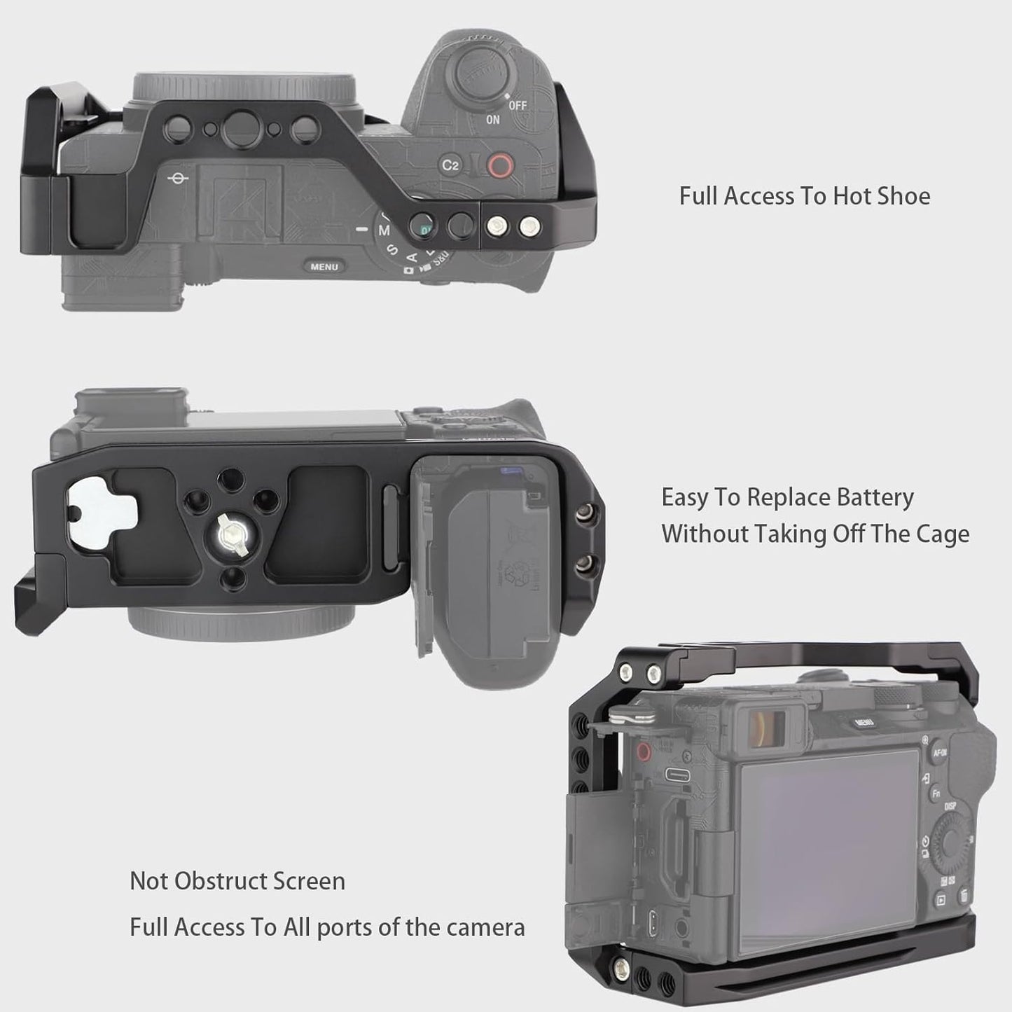 HIFFIN Metal Cage Compatible with Sony Alpha A6700, Precision Fit, Arca-Type Quick Release Base, 1/4" & 3/8" Screw Mounts, Cold Shoe for Microphone, Monitor & Light Expansion
