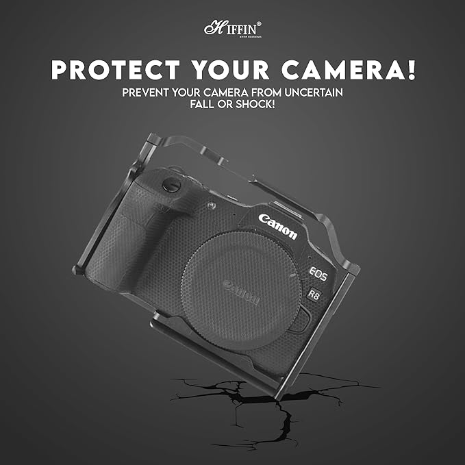 HIFFIN Upgraded Metal Cage for EOS R8 Built-in Quick Release Plate for Arca-Type with 1/4 Threaded Holes, 3/8" Locating Holes for ARRI, Included Cold Shoe