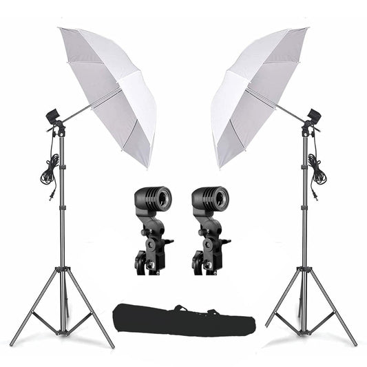 HIFFIN Branded Set of Umbrella White 80CM + Portable Foldable Umbrella Flash Photo Video Studio Lighting Photography Stand + Umbrella and Bulb Holder with Carry Bag (E27 Single holder kit set of 2 wob)