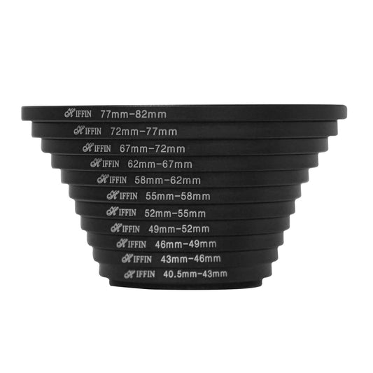 HIFFIN PRO Camera Lens Step Up Filter Adapter Rings, 40.5-43, 43-46, 46-49, 49-52, 52-55, 55-58, 58-62, 62-67, 67-72, 72-77, 77-82mm Metal Step Up Rings Kit with Anodized Aluminum Threaded Black Frame
