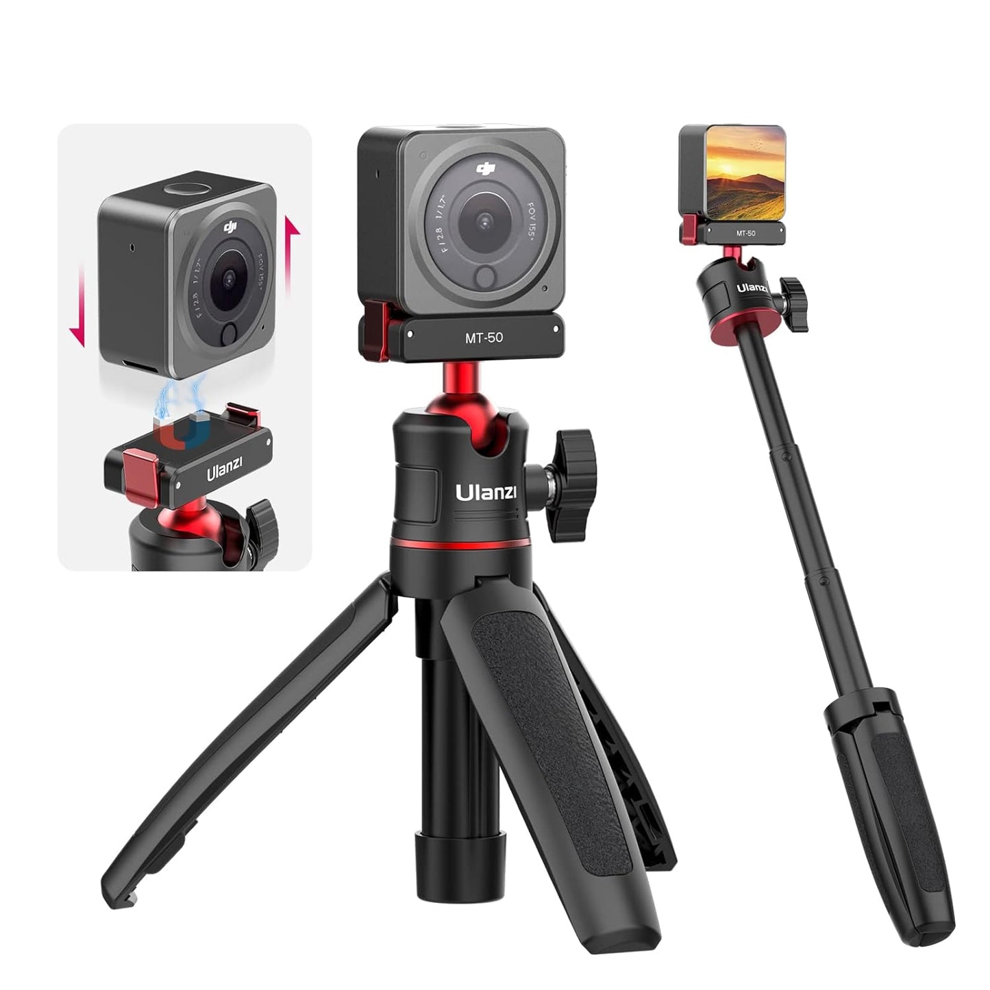 Mini Tripod for DJI Action 2 - MT-50 Small Tripod Magnetic Quick Release 3 Adjustment Extendable Handle Vlog Accessory Tripod Grip for DJI Action 2