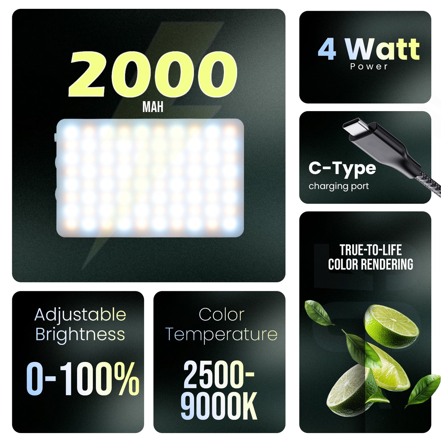 Selfie Light, 3 Modes, 2000mAh Battery, Rechargeable