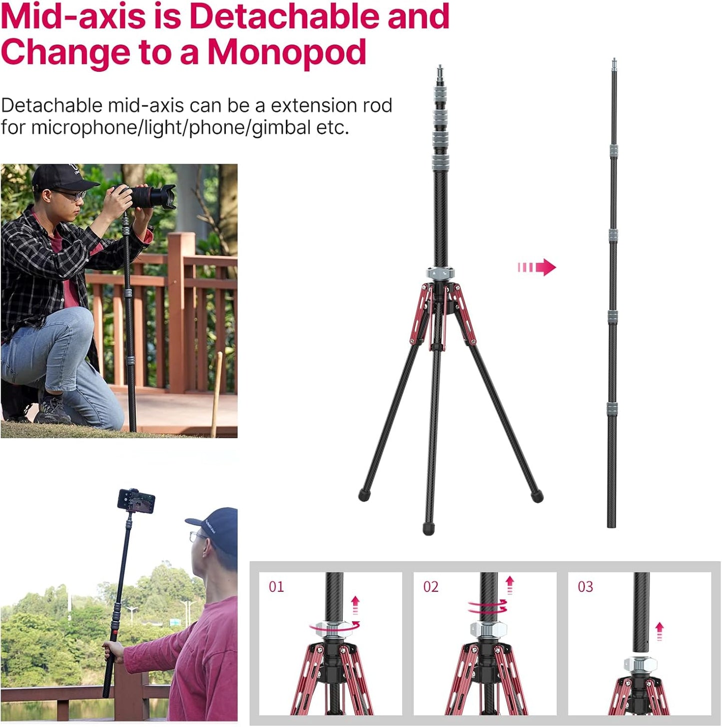 ULANZI MT-49 Carbon Fiber Light Stand, 194cm Tripod for Flash/Camera/Phone