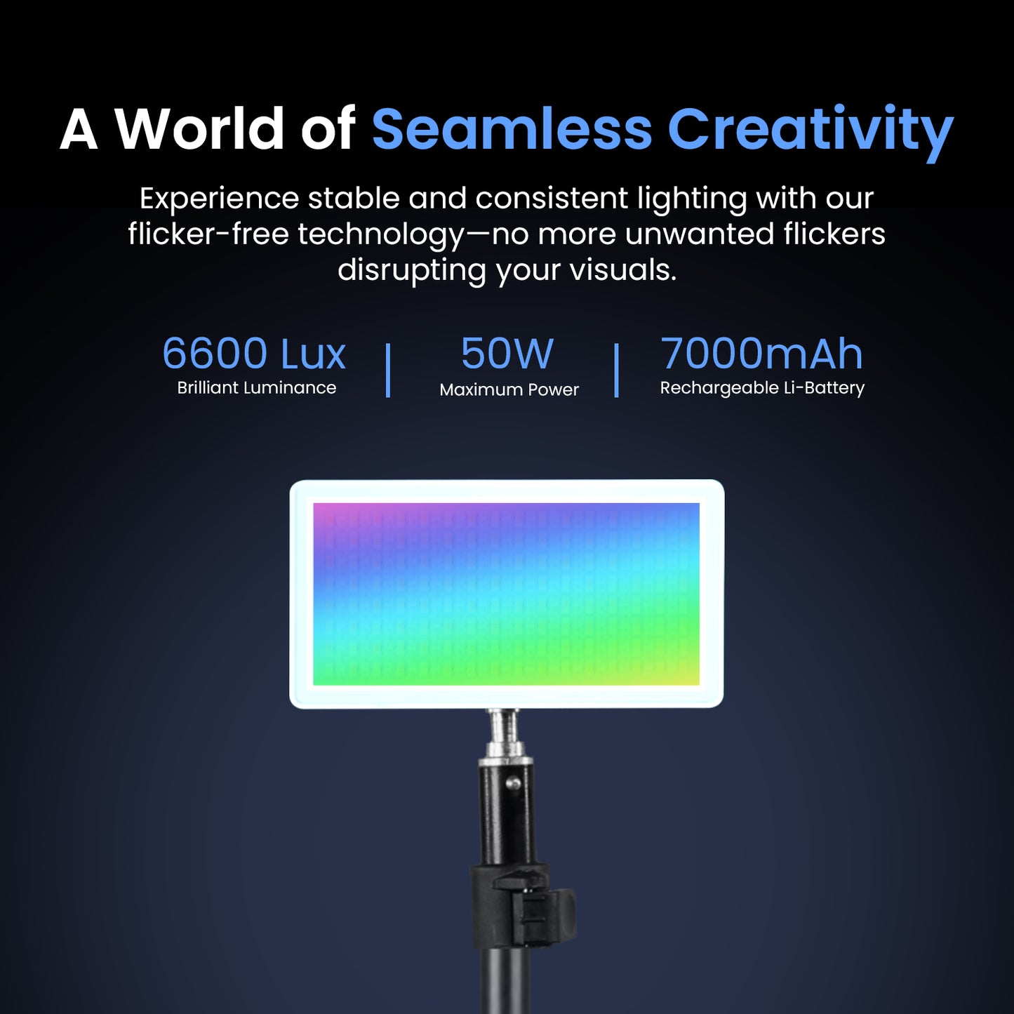 Panel Light 50 Watt RGB Video Light, 2500K-9000K, CRI 95+, 7000mAh, 24 FX, 6600lux