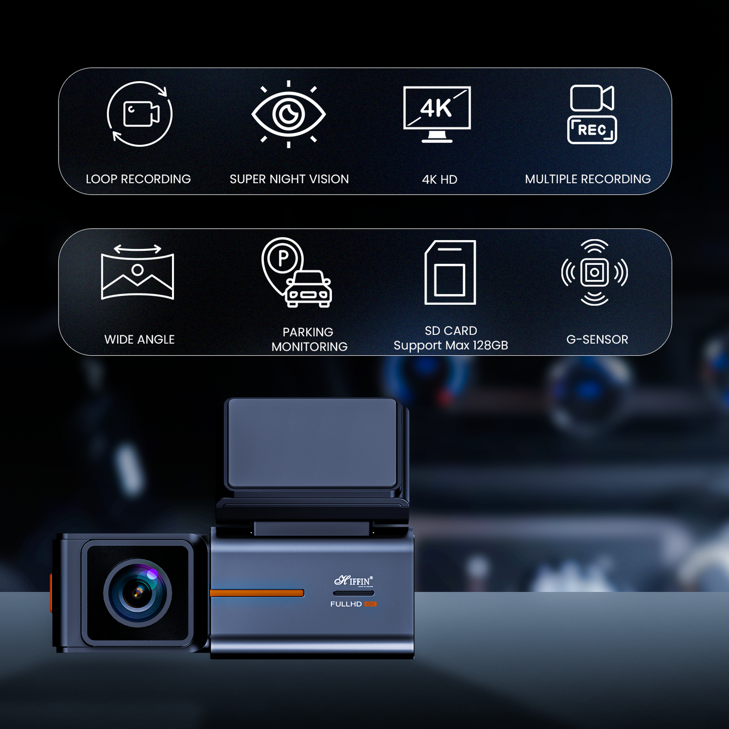 RoadCam X2 4K Front + 1080P Rear Dashcam, Night Vision, WiFi, G-Sensor