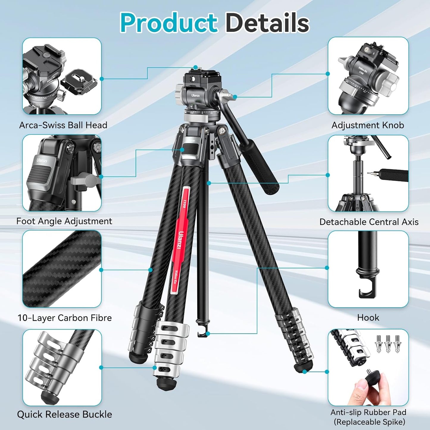Ulanzi TT09 VideoGo 55.91" Carbon Fiber Tripod w/ Arca QR, 360° Ballhead & Handle