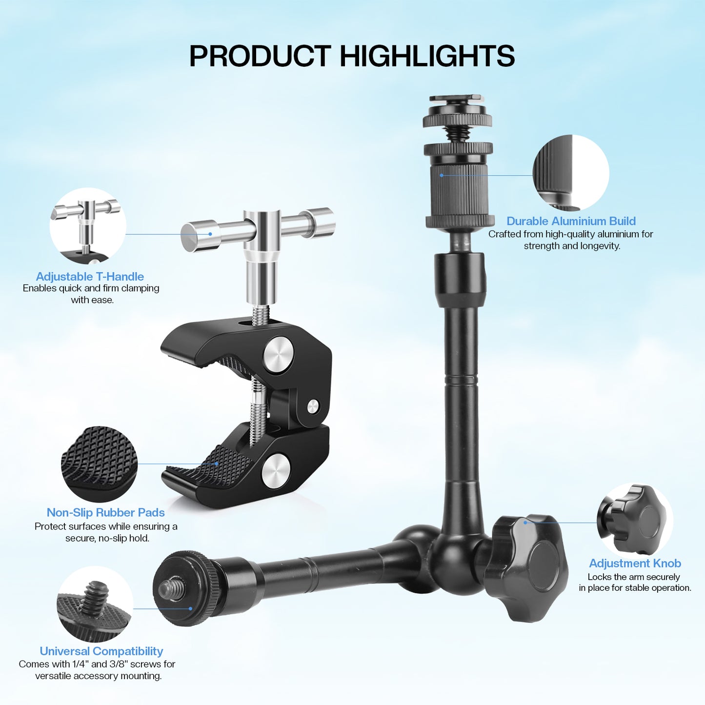 HIFFIN® 11inch Adjustable Articulating Friction Magic Arm & Large Super Clamp for Camera Rig, LCD Monitor, LED Flash Lights (11 inch Magic arm+clamp)