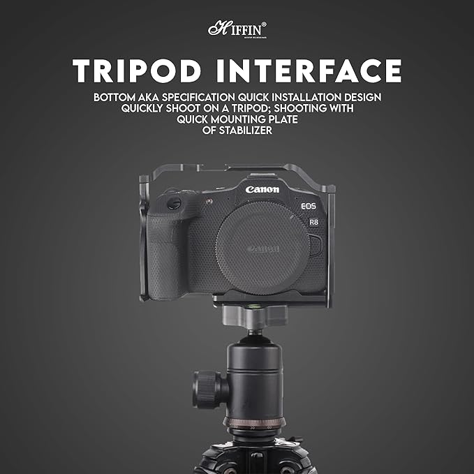 HIFFIN Upgraded Metal Cage for EOS R8 Built-in Quick Release Plate for Arca-Type with 1/4 Threaded Holes, 3/8" Locating Holes for ARRI, Included Cold Shoe
