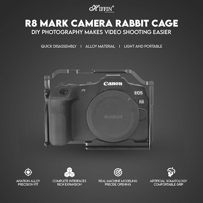 HIFFIN Upgraded Metal Cage for EOS R8 Built-in Quick Release Plate for Arca-Type with 1/4 Threaded Holes, 3/8" Locating Holes for ARRI, Included Cold Shoe
