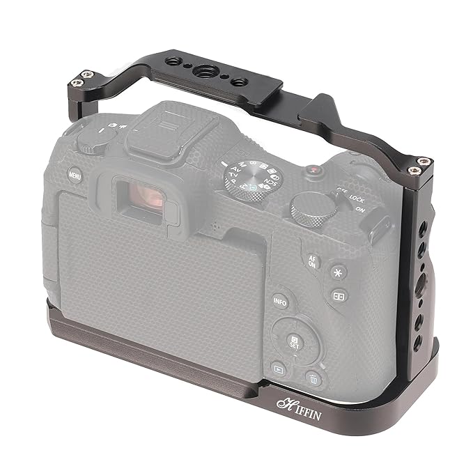HIFFIN Upgraded Metal Cage for EOS R8 Built-in Quick Release Plate for Arca-Type with 1/4 Threaded Holes, 3/8" Locating Holes for ARRI, Included Cold Shoe