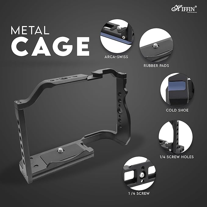 HIFFIN Upgraded Metal Cage for EOS R8 Built-in Quick Release Plate for Arca-Type with 1/4 Threaded Holes, 3/8" Locating Holes for ARRI, Included Cold Shoe