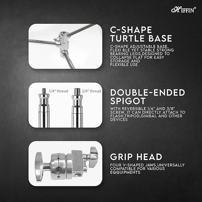 HIFFIN C Stand | 9.5 ft Steel Light C-Stand | 40-inch Detachable Base | C Stand with Grip Kit and Extension Arm |