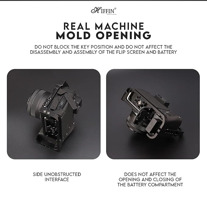 HIFFIN Upgraded Metal Cage for EOS R8 Built-in Quick Release Plate for Arca-Type with 1/4 Threaded Holes, 3/8" Locating Holes for ARRI, Included Cold Shoe