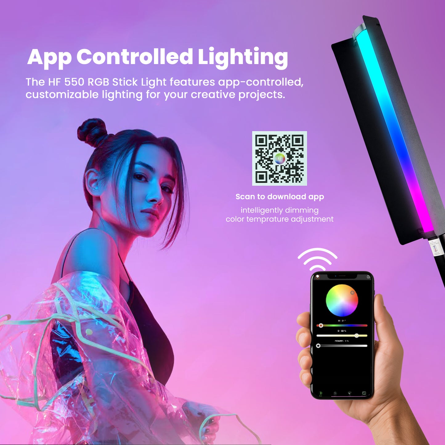 HF-550 RGB LED Stick Light 30W, 2500K-9900K, 24 FX, 4000 mAH BATTERY | App Control