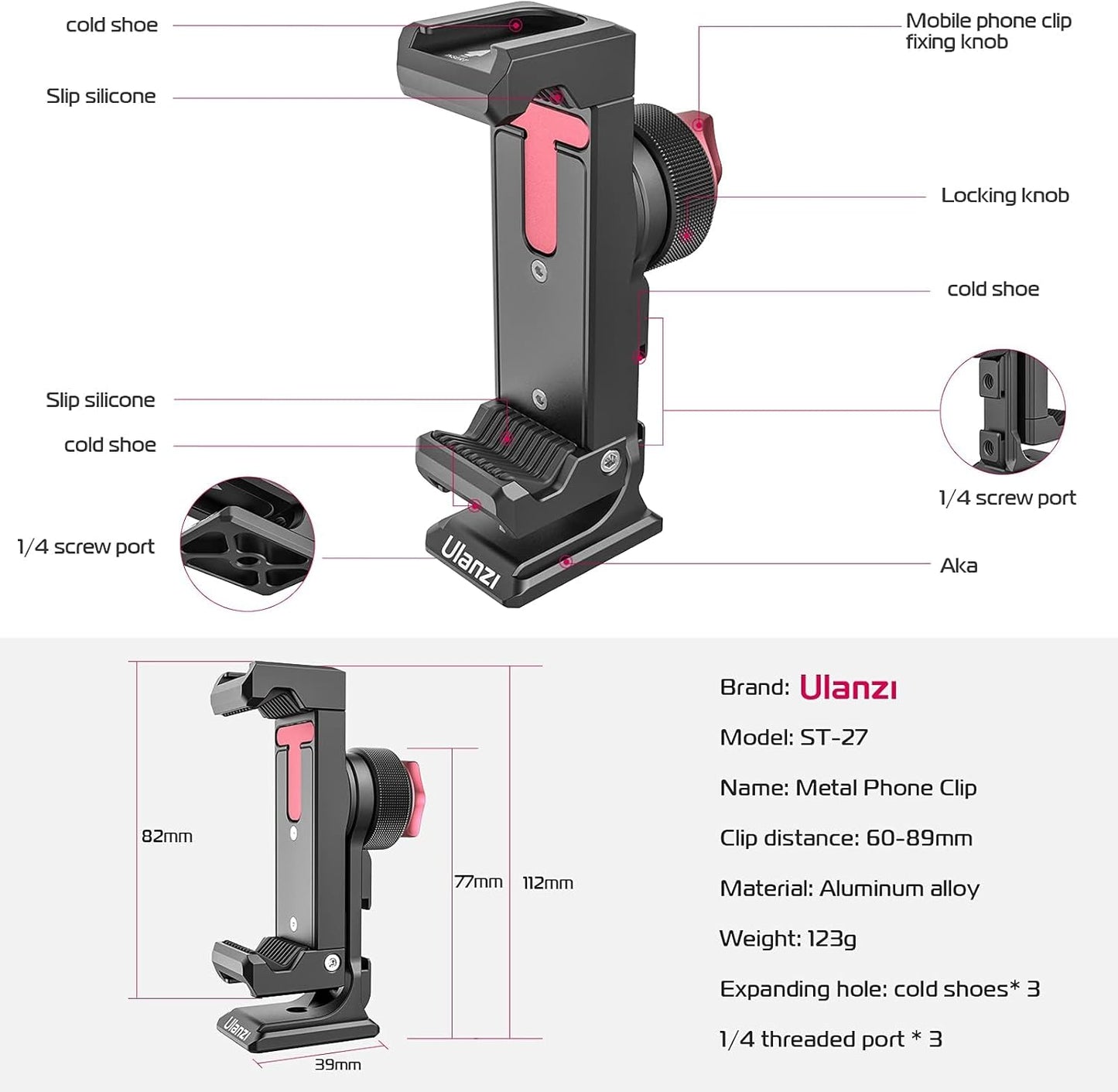 ULANZI ST-27 Phone Tripod Mount, 360° Metal Holder, 3 Cold Shoes, Arca, iPhone 17/16
