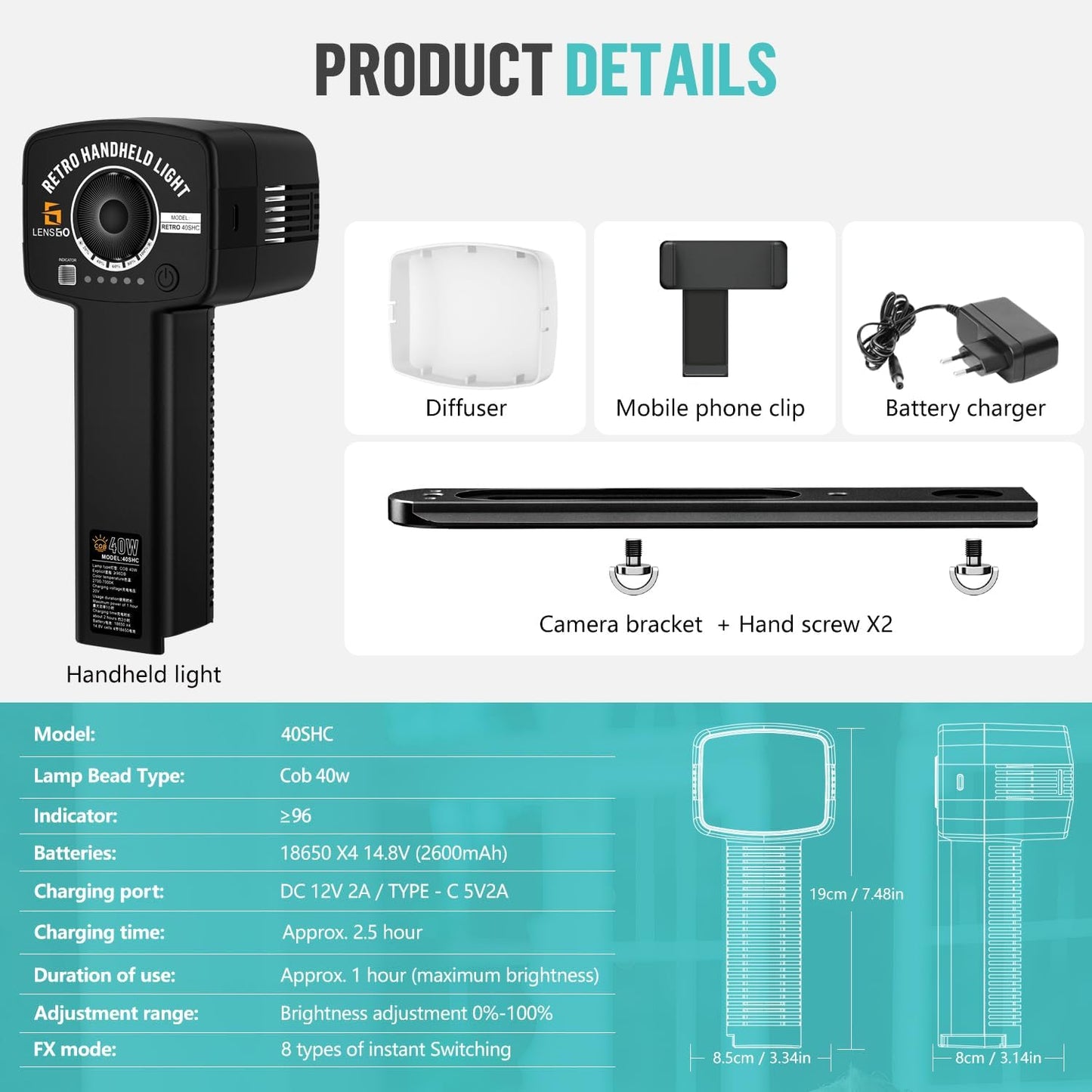 LENSGO 40SHC 40W Bi-Color Video Light, CRI96+, Dimmable, 8 Effects, Softbox