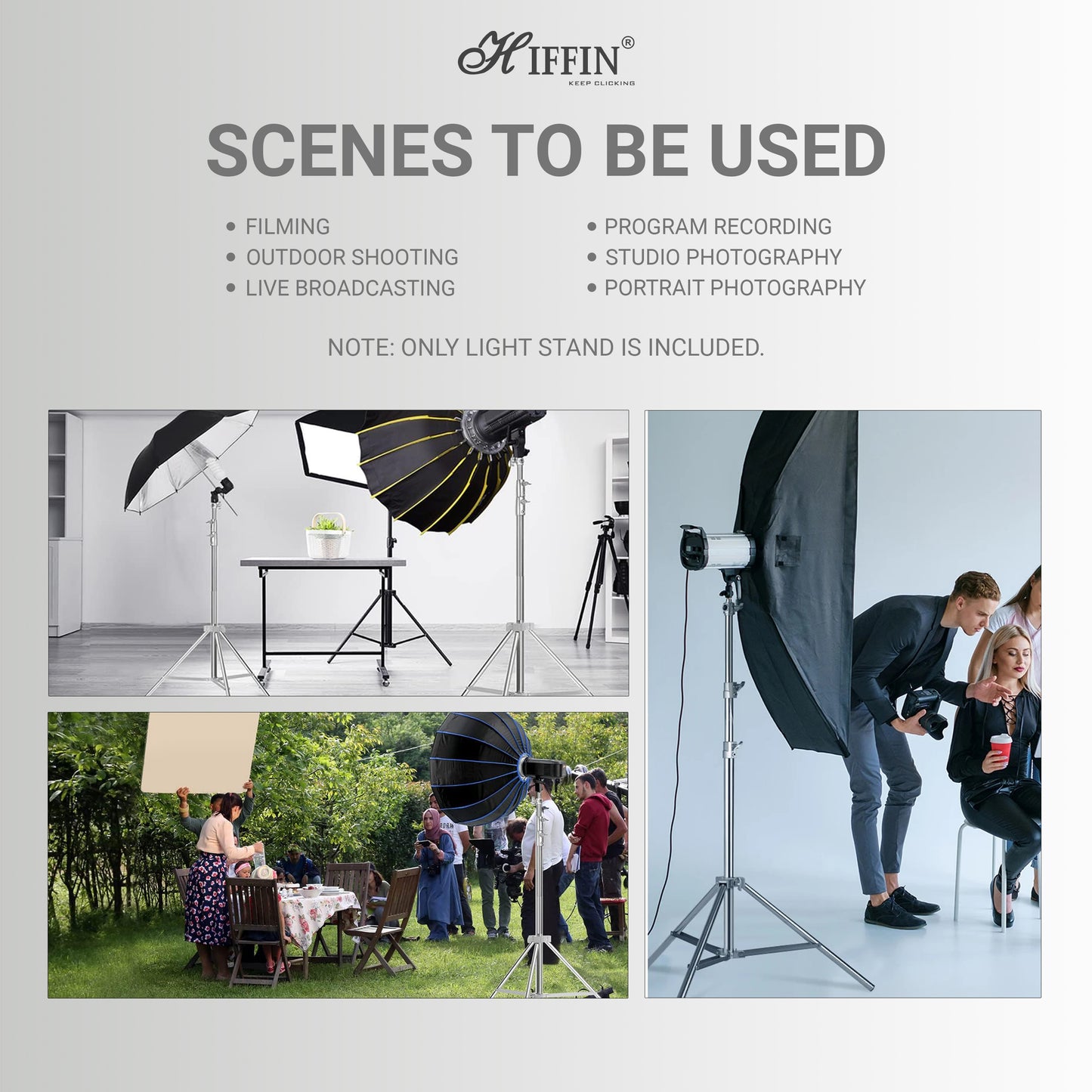 HIFFIN Stainless Steel Heavy Duty 99.06-279.4 CM Adjustable Light Stand with 0.635 CM to 0.9525 CM Universal Adapter for Studio Monolights, Softbox, and More Equipment